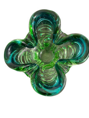 MCM Signed Chalet Handblown Green to Blue Four Petal Glass Bowl